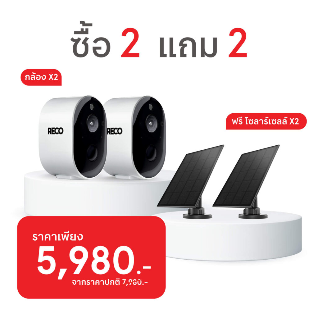 โปรโมชั่นซื้อกล้อง reco pro 2 ตัว แถม โซลาเซลล์ 2 ชิ้น ราคาเพียง 5,980 บาท จากปกติ 7,980 บาท